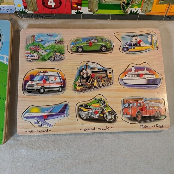 Melissa & Doug 4 Lot Wooden Sound Puzzles Safari Vehicle Farm Animals Latches - Picture 8 of 16